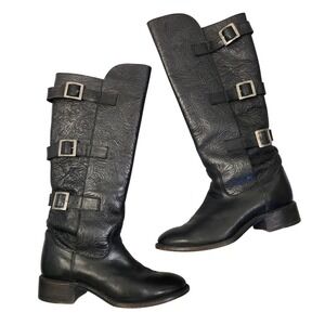 Sonora Womens Triple Buckle Tooled Leather Knee High Boots‎ Size 6 Black Western